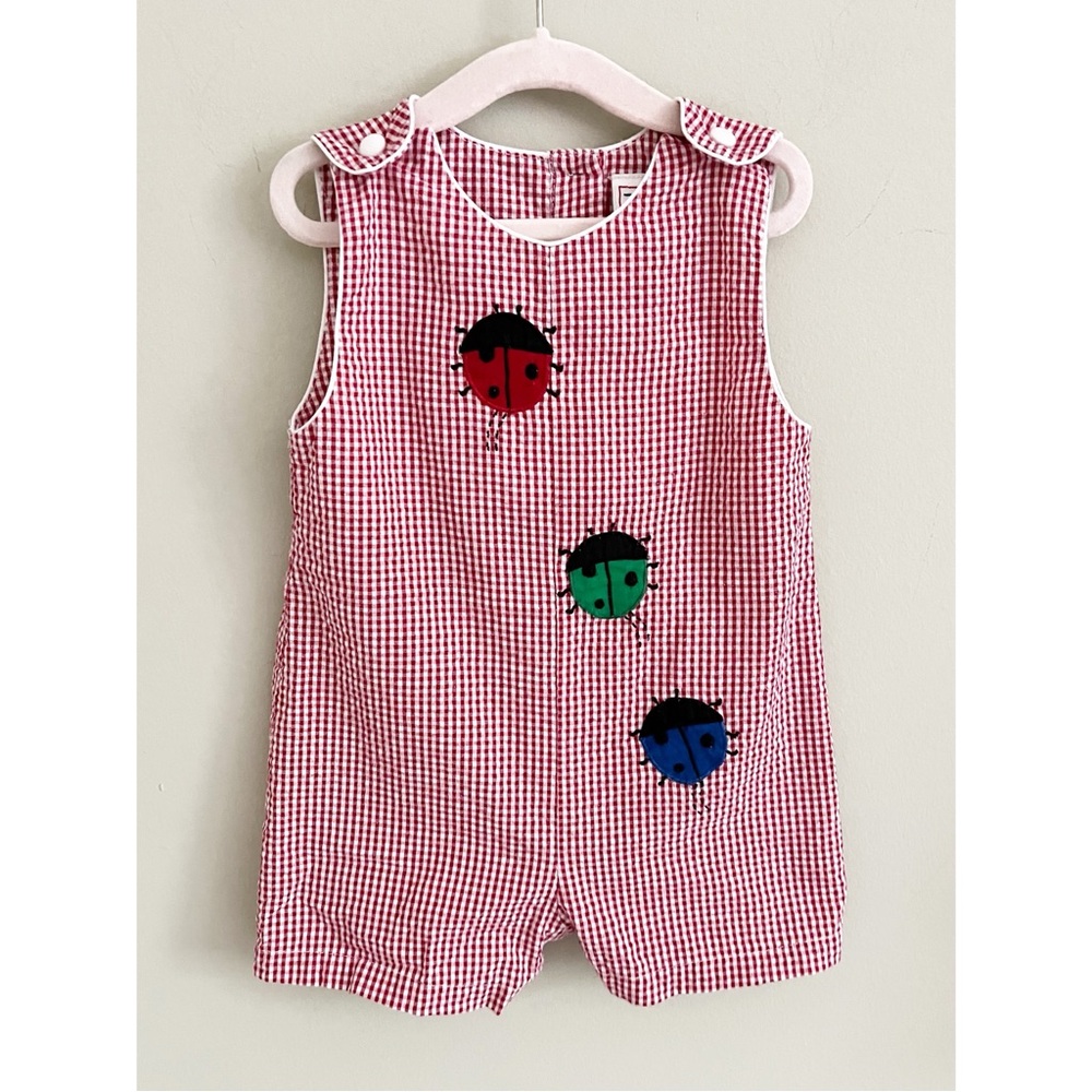 Zu red seersucker gingham bug theme romper 12 months